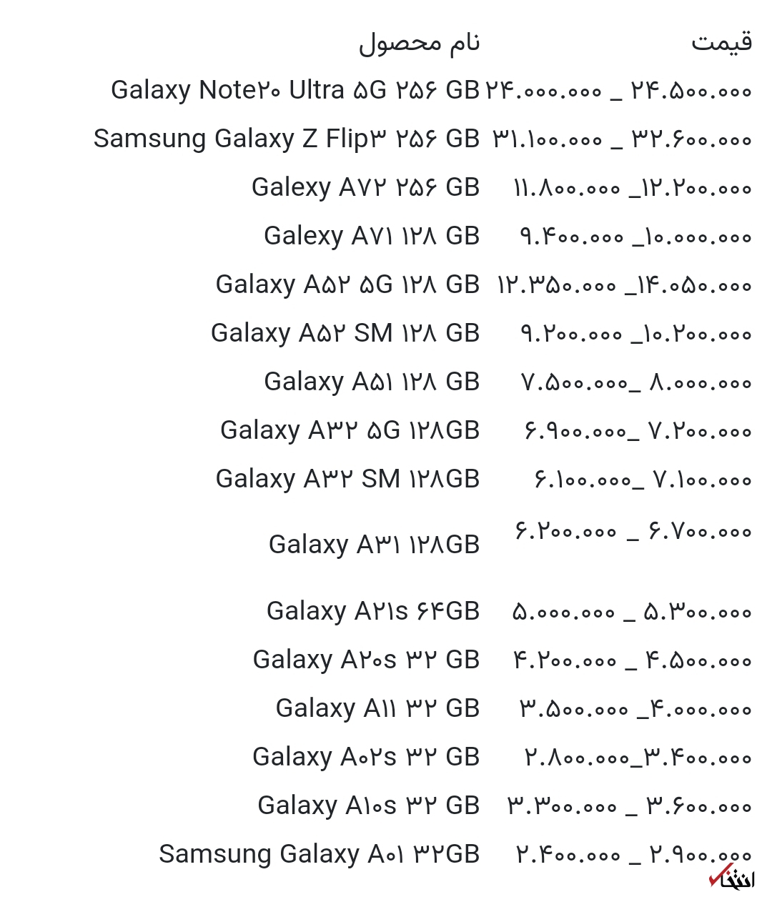 قیمت انواع گوشی سامسونگ امروز ۱۶ مهر ۱۴۰۰
