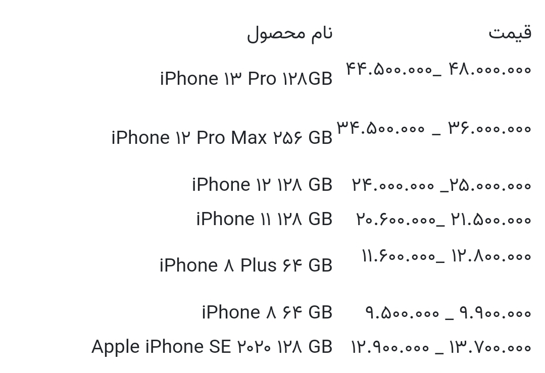 قیمت انواع آیفون امروز ۲۱ مهر ۱۴۰۰