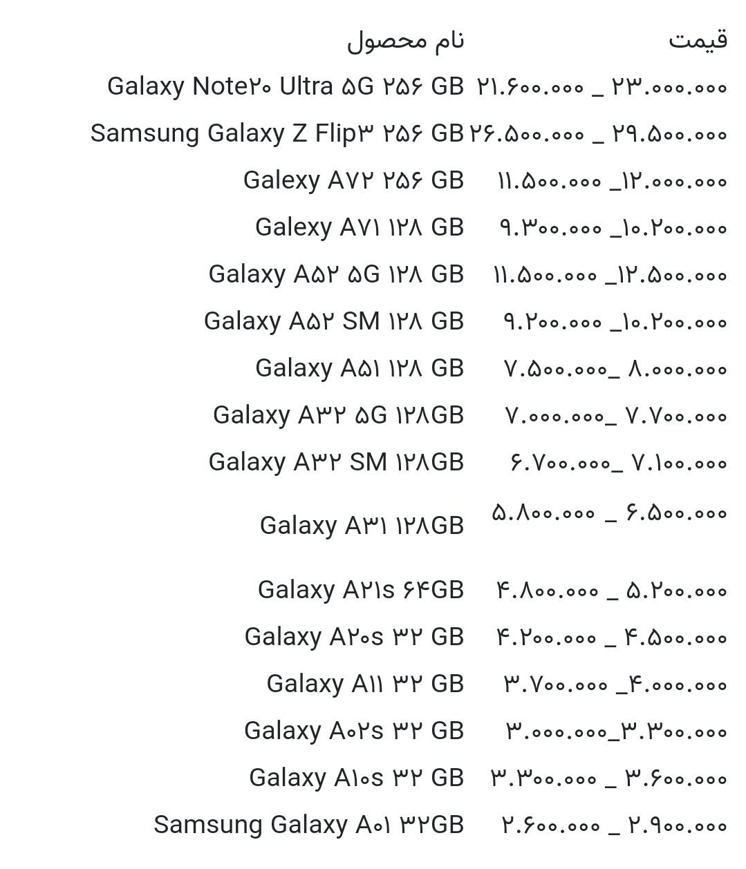 قیمت گوشی های سامسونگ امروز ۲۲ مهر ۱۴۰۰