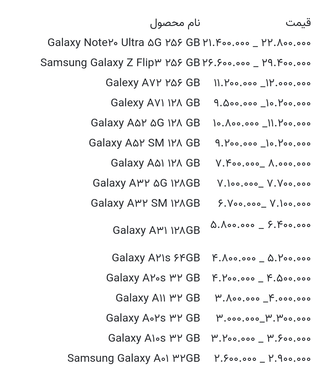 قیمت گوشی های سامسونگ امروز ۲۷ مهر ۱۴۰۰