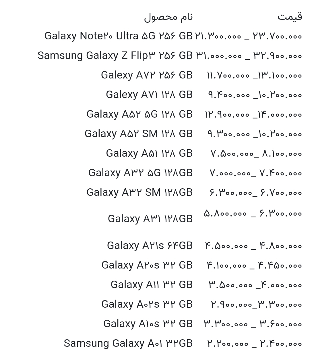 قیمت گوشی های سامسونگ امروز ۴ مهر ۱۴۰۰